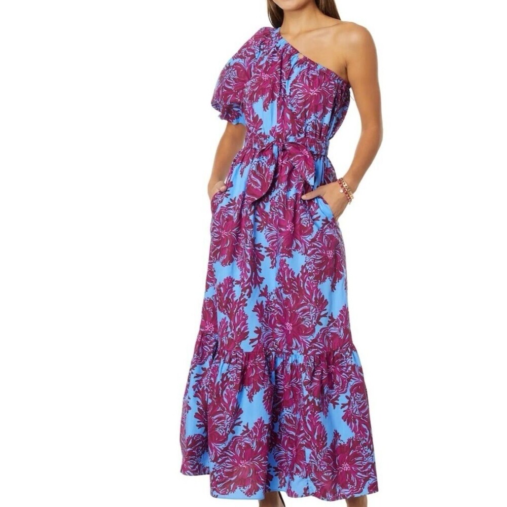 Lilly Pulitzer Zelalynn One Shoulder Floral Belted Cotton Maxi Dress Size 0